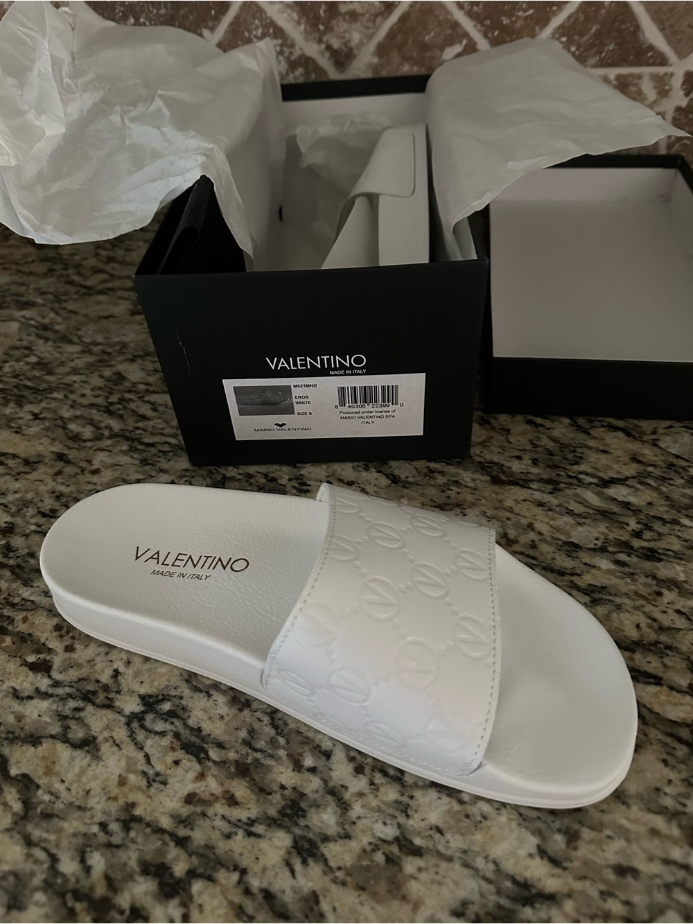 Mario Valentino White Embossed Logo Slide Sandals